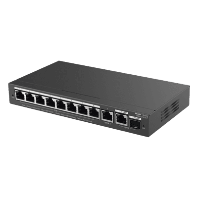 Switch Administrable / 8 Puertos PoE+ / 130 W / 2 Uplinks Gigabit / 20 Gb/s / Sin Ventilador RG-ES210GS-P RUIJIE