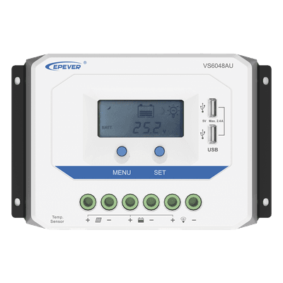 Controlador de Carga Solar PWM / 60A / Auto 12/24/36/48V / Pantalla LCD / USB Dual 5V 2.4A / Tierra Positivo Común VS6048AU EPEVER