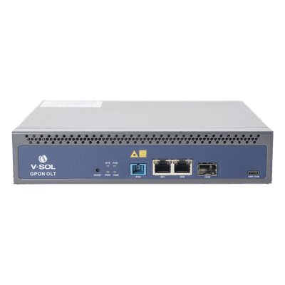 OLT GPON / 1 Puerto PON SC/UPC / 128 ONUs / 3 Puertos Uplink / 20 km (12.4 mi) / Redundancia AC/DC / Rack V1600GS-F V-SOL