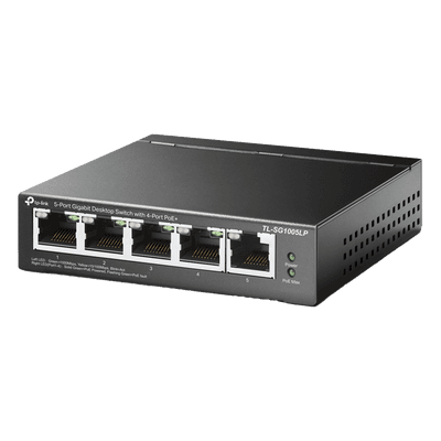 Switch Escritorio No Administrable / 5 Puertos Gigabit / 4 Puertos PoE 802.3af/at / 40 W / Sin Ventilador / 3.9 x 3.9 x 1.0 pulgadas TL-SG1005LP TP-LINK