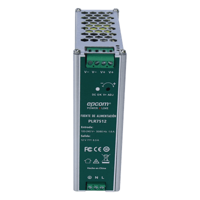Fuente de alimentación / Entrada 100-240 Vac / Salida 12 Vcc 6.3 A / 75 W / Montaje en riel DIN / 4.53 x 1.55 x 5.08 pulgadas PLR-7512 EPCOM POWERLINE