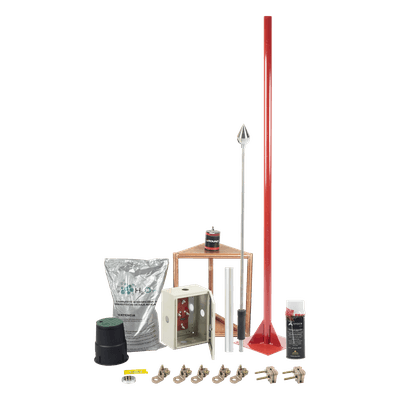 Kit de Pararrayos / Diámetro 200 m / Mástil 1.2 m / Electrodo 700 A / Mejorador de Suelo 11 kg / 656 pies de Cobertura KIT-MASTER-03-V2 TOTAL GROUND