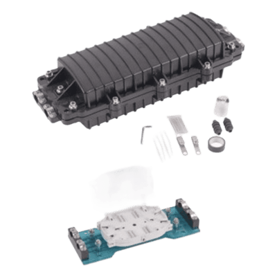 Caja de Distribución de Fibra Óptica Horizontal / 96 Empalmes / IP68 Exterior / 2 Puertos / Polipropileno UV