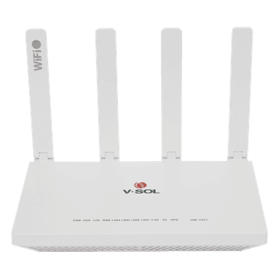 ONU XPON / Wi-Fi 6 AX1500 / 4 Puertos Gigabit / CATV con AGC / 4 Antenas 5 dBi / PON SC/APC V2804-AX15T V-SOL