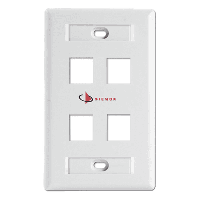 Placa de Pared Keystone / 4 Salidas / Montaje Frontal o Trasero / Hasta 6 Puertos / Color Blanco KFP-S-04-02-S SIEMON