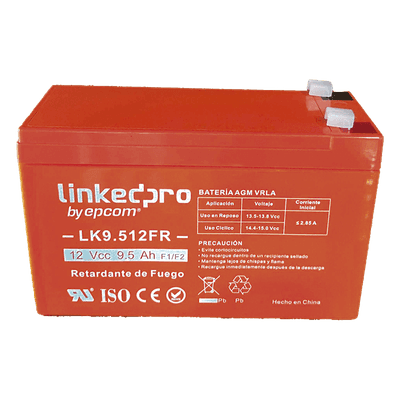 Batería de Respaldo AGM / 12 VCC / 9.5 Ah / Retardante a la Flama UL94-V0 / Vida Útil 5 Años / Terminales F1 con Adaptador F2 LK9.512FR LINKEDPRO BY EPCOM