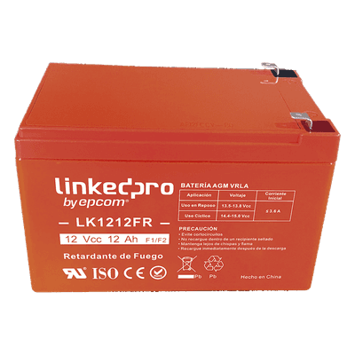 Batería de Respaldo AGM-VRLA / 12 V / 12 Ah / Retardante a la Flama UL94-V0 / Vida Útil 5 Años / Terminales F1 + Adaptador F2 LK1212FR LINKEDPRO BY EPCOM