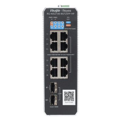 Switch Industrial PoE+ / 8 Puertos Gigabit / 1 PoE++ 60W / 7 PoE+ 30W / 2 SFP Uplink / 300W Total / Capacidad 20 Gbps / Layer 2 RG-NIS2100-8GT2SFP-HP RUIJIE