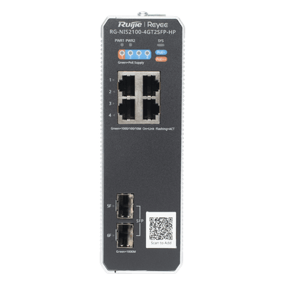 Switch Industrial PoE+ / 4 Puertos Gigabit / 1 PoE++ 60W + 3 PoE+ 30W / 2 SFP Uplink / 12 Gbps / -40°C a 75°C / Protección 6 kV RG-NIS2100-4GT2SFP-HP RUIJIE