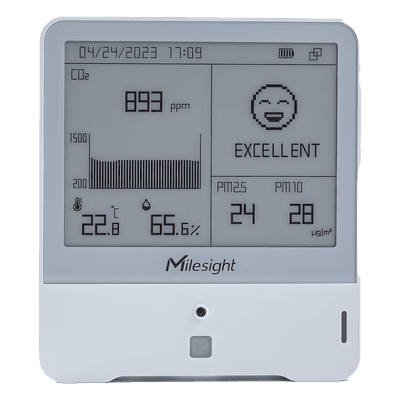 Panel Digital IoT / Monitoreo IAQ 10 Parámetros / LoRa / CO₂ TVOC HCHO O₃ PM2.5 PM10 / Pantalla Inteligente AM308915M MILESIGHT