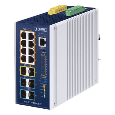 Switch Industrial Capa 3 / 8 Puertos Gigabit PoE++ / 2 Puertos SFP 1G/2.5G / 4 Puertos SFP 10G / Rango de Temperatura -40 a 75°C (-40 a 167°F) / Montaje DIN o Pared IGS-6329-8UP2S4X PLANET