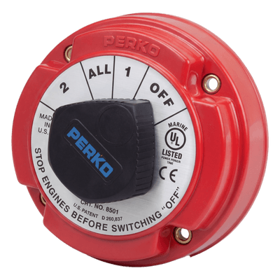 Switch Selector de Batería Marina / 250A Continuos / 360A Intermitentes / 6-32 VCC / 4 Posiciones 1-2-Both-Off / Desconexión de Alternador Integrada / Encendido Protegido 8501DP PERKO