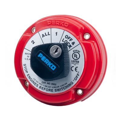 Switch Selector de Batería Marina / 250A Continuos / 360A Intermitentes / 6-32 VCC / 4 Posiciones con Bloqueo por Llave / Encendido Protegido 8502DP PERKO