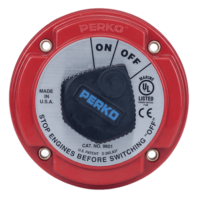 Interruptor de Desconexión de Batería Marina / 250 A Continuos / 360 A Intermitentes / 6-32 VCC / Encendido Protegido / Desconexión de Alternador / Bloqueo con Llave 9601DP PERKO