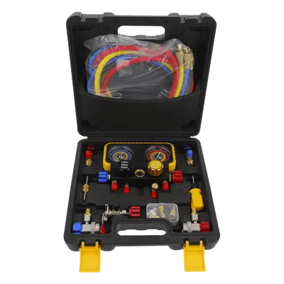 Manómetro de 4 Vías / Compatible con R410A, R32, R134A, R22 / 4 Mangueras 1.5 m / Cuerpo Cobre y ABS / Estuche Incluido PSTH08002 PRECISION