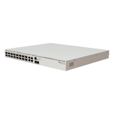 Switch Empresarial / 16 Puertos QSFP28 100 Gbps / 4 Puertos SFP28 25 Gbps / 2 Puertos Ethernet 10 Gbps / CPU ARM 4 Núcleos 2 GHz / 4 GB RAM DDR4 / RouterOS v7 CRS520-4XS-16XQ-RM MIKROTIK