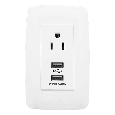 Contacto Sencillo / 15 A / 127 V CA / 2 USB 5 V CD 2 A / 11.8 x 7.8 x 3 cm / Blanco JTL-B72-70 JWJ
