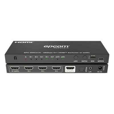 Switch HDMI 4x1 / 8K@60Hz 4:2:0 / 48 Gbps / ARC/eARC / Extracción de Audio Óptico y Analógico / Control CEC / Gestión EDID / USB-C Firmware