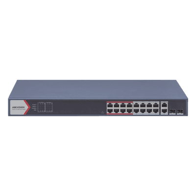 Switch PoE+ / 16 Puertos 10/100 Mbps / 2 Puertos Gigabit Uplink / 2 Puertos SFP / Alcance Extendido 300 m (984.2 ft) / 230 W / Gestión Cloud DS-3E1318P-EI(B) HIKVISION
