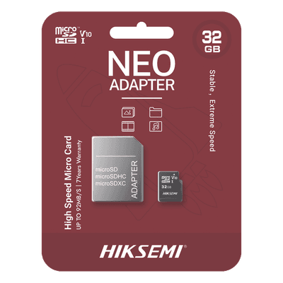 Memoria microSD / 32 GB / Clase 10 / Lectura 92 MB/s / Escritura 50 MB/s / NAND TLC / Adaptador SD Incluido HS-TF-C1/32G/NEO/A HIKSEMI by HIKVISION
