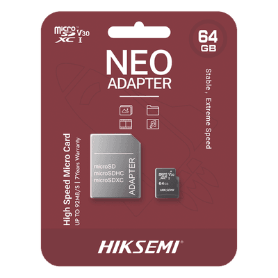 Memoria microSD con Adaptador / 64 GB / Clase 10 / Lectura 92 MB/s / Escritura 30 MB/s / NAND TLC / Resistente a Agua y Golpes HS-TF-C1/64G/NEO/A HIKSEMI by HIKVISION