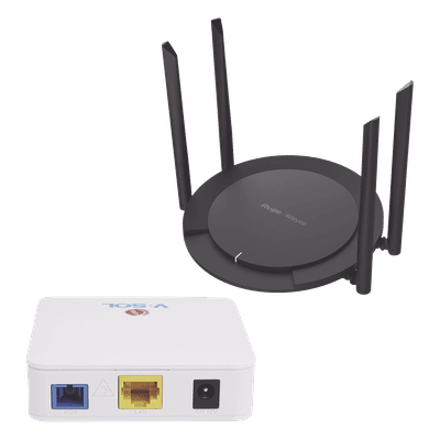 Kit ONU Bridge Dual GPON/EPON / Router Wi-Fi 4 Mesh / 4 Antenas 5 dBi / 5 Modos Operativos