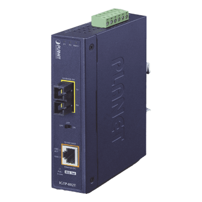 Convertidor de medios / PoE+ 802.3at / 1000BASE-SX a 10/100/1000BASE-T / Multimodo SC / 550 m (1804 ft) / -40 a 75°C / IP30 IGTP-802T PLANET