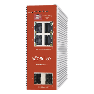 Switch PoE Industrial L2+ / 4 Puertos Gigabit PoE 802.3af/at / 2 Puertos SFP / Presupuesto PoE 120 W / Administración Cloud / Protocolo ERPS / Sin Ventiladores / IP40 WI-PCMS306GF-I WI-TEK