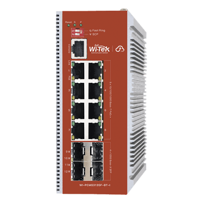 Switch PoE Industrial L2+ / 8 Puertos 100/1000 Mbps / 4 SFP Gigabit / 460 W / Cloud-Web-CLI / ERPS / -40 a 75 °C WI-PCMS312GF-BT-I WI-TEK
