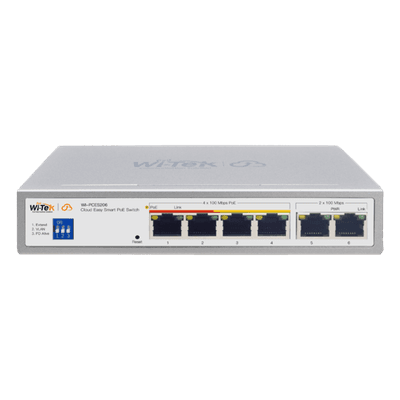 Switch PoE / 4 Puertos 10/100 Mbps PoE af/at / 2 Puertos Uplink 10/100 Mbps / Presupuesto 60 W / Alcance PoE 250 m (820.2 ft) / ONVIF WI-PCES206 WI-TEK
