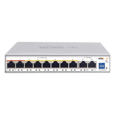 Switch PoE Administrable en la Nube / 8 Puertos 10/100 Mbps PoE / 2 Puertos Uplink Gigabit / Presupuesto PoE 100 W / Alcance PoE 250 m (820.2 ft) / Soporte ONVIF WI-PCES210G WI-TEK