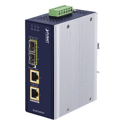 Convertidor de Medios Industrial / 2 SFP 100/1000X / 2 RJ45 10/100/1000T / PoE++ 802.3bt / 95W por puerto / -40 a 75 °C / IP30 / 12-56V CC