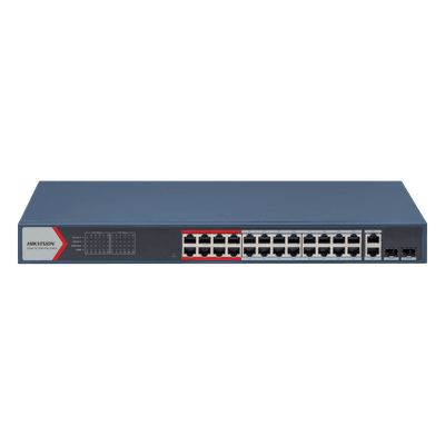 Switch PoE+ Administrable / 24 Puertos 10/100 Mbps / 2 Puertos Gigabit Combo / 370 W / Alcance Extendido 300 m (984.3 ft) / Protección 6 kV DS3E1326PEI(B) HIKVISION