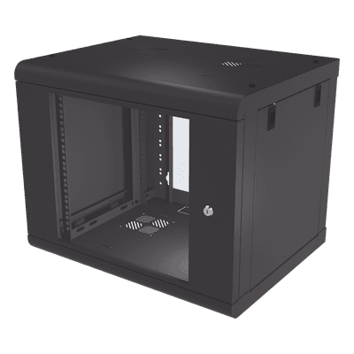 Gabinete de Pared de 9U con Puerta de Cristal Templado, 479.5 mm de Profundidad, Rack de 19'', Acero Reforzado Color Negro. SR-1909-LH2G LINKEDPRO