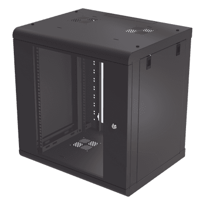 Gabinete de Pared de 12U con Puerta de Cristal Templado, 479.5 mm de Profundidad, Rack de 19'', Acero Reforzado Color Negro. SR-1912-LH2G LINKEDPRO