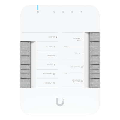 Controlador de Acceso IP / 2 Lectores / 2 Cámaras / 5 Puertos Gigabit / PoE++ 802.3bt / 4 Entradas de Sensor / 2 Terminales AUX UA-HUB-DOOR UBIQUITI