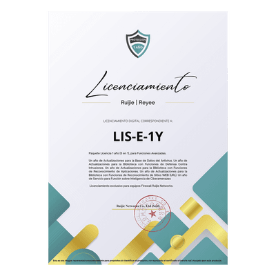 Licencia Anual / 5 Funciones Avanzadas / Firewall Z5100 / Antivirus / Ciberamenazas / IPS / Reconocimiento Apps y URL RG-WALL1600-Z5100-S-LIS-E-1Y RUIJIE
