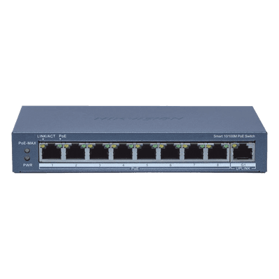 Switch Administrable PoE+ / 8 Puertos 10/100 Mbps / Uplink Gigabit / PoE Extendido 300 m (984.3 ft) / 110 W / Gestión Remota DS-3E1309P-EI(B) HIKVISION