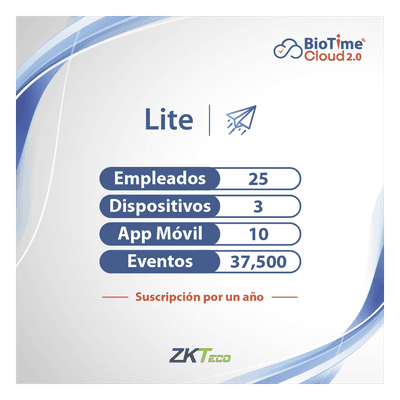 Licencia de software en la nube / 25 usuarios / 3 dispositivos / Procesamiento AWS / Dashboard en tiempo real / Cifrado TLS 1.2 ZKT0820131 ZKTECO