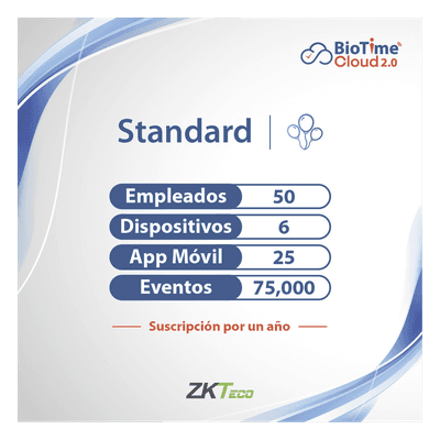 Licencia Anual de Plataforma en la Nube / 50 Usuarios / 6 Dispositivos / Cifrado AWS / 36 Reportes / Dashboard en Tiempo Real ZKT0820132 ZKTECO