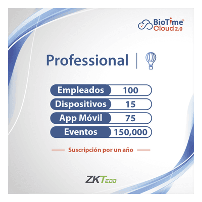Licencia Cloud / 100 Usuarios / 15 Dispositivos / Gestión de Asistencia / Anual ZKT0820133 ZKTECO