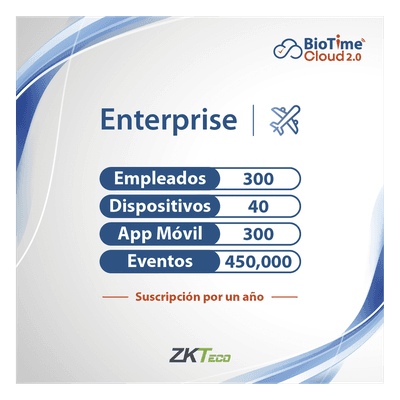 Licencia Cloud / 300 Usuarios / 40 Dispositivos / Gestión de Asistencia / Reportes Personalizables / Acceso Remoto ZKT0820134 ZKTECO