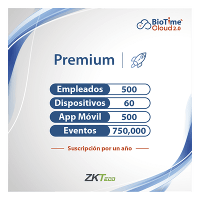 Licencia de Software / Plataforma en la Nube / 500 Usuarios / 60 Dispositivos / Cifrado AES-256 / Licencia Anual ZKT0820135 ZKTECO