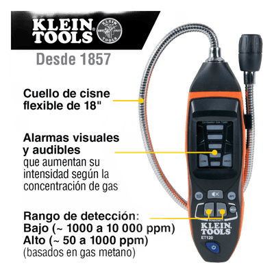 Detector de Fugas de Gas Combustible / 50-10,000 ppm / Sensor Electroquímico / Cuello Flexible 18'' (1.5 ft) / Alarma 85 dB ET-120 KLEIN TOOLS