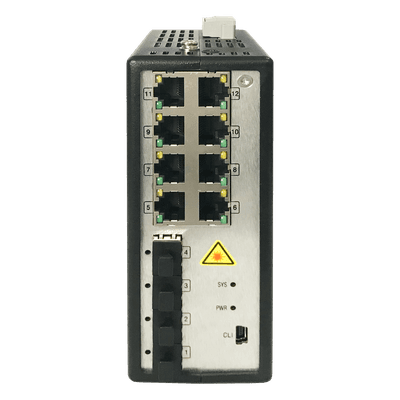 Switch Industrial Administrable / 8 Puertos Gigabit PoE+ 30W / 4 Puertos SFP / 250W Total / 48-57 VCD / -40°C a 75°C / 140×52×110 mm / 5.5×2.0×4.3 pulgadas