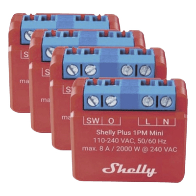 KIT 4 piezas Mini Interruptor inteligente con Wi-Fi, medición de consumo, 1 canal 8A, compatible con asistentes de voz Alexa y GoogleHome SHELLYPLUS1PMMINIK4 SHELLY