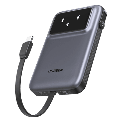 Power Bank Serie Uno | 10000mAh | 30W | con Cable USB-C Incorporado | 2 Salidas 30W Max. | Pantalla Inteligente | Carcasa Ignifuga | Aprobado por Aerolíneas.| Color Grey. 35603B UGREEN