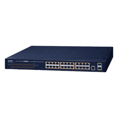 Switch PoE Administrable Capa 2 / 24 Puertos Gigabit / 2 SFP / 52 Gbps / Jumbo Frame 9K GS-4210-24P2S PLANET