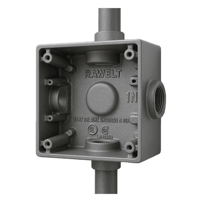 Caja Condulet Cuadrada / 4 Bocas 1" (25.4 mm) / Orejas de Montaje / IK09 / Intemperie / UL-CSA RC-5338-M RAWELT