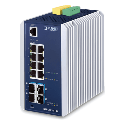 Switch Ethernet Gestionado Capa 3 Industrial DIN-rail / 8 Puertos RJ45 Gigabit / 4 Puertos SFP+ 10G / Temp. -40 a 75°C / Protección ESD 6kV DC / Recuperación ERPS <10ms / 4K VLAN IGS-6325-8T4X PLANET